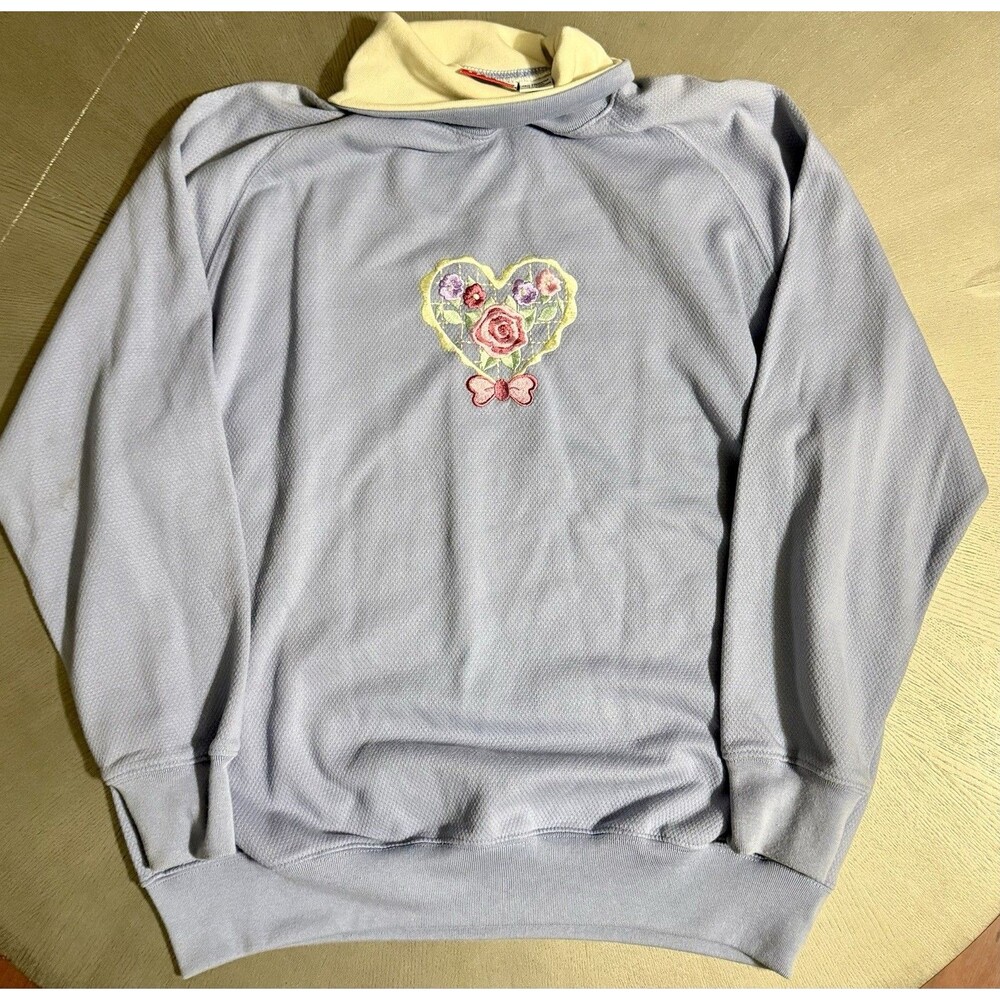 Vintage Baxter & Wells Embroidered Heart Rose Sweatshirt Large Turtleneck 90s